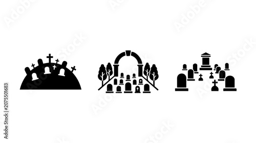 Bilde på lerret Cemetery Icon Set Representing Burial Grounds, Remembrance, and Peaceful Rest in