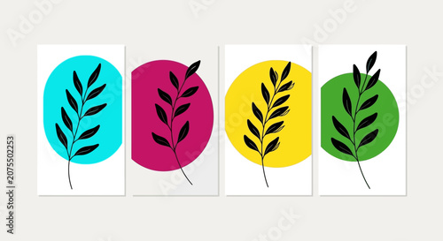Modern Graphic Botanical Prints Set with Black Leaf Branches and Vibrant Abstract Color Blocks on an Isolated White Background.