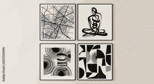 Modern Abstract Black and White Art Print Set with Map, Meditating Figure, and Geometric Shapes on a Minimalist Wall.