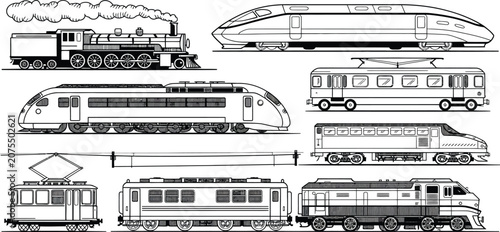 Quadro su tela Train, locomotive, railcar, transportation icons, vector graphics, 8 elements