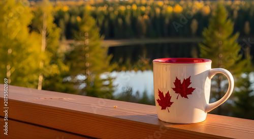 Autumn Morning Coffee on Wooden Deck with Maple Leaf Mug and Forest View