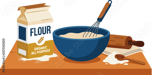 Baking ingredients and kitchen tools vector, organic all-purpose flour bag with mixing bowl and whisk, flat style pastry preparation scene