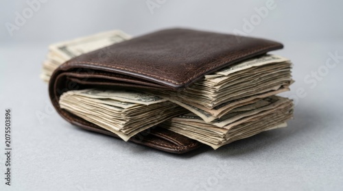 Wealthy Brown Leather Wallet Stuffed with Cash Stacks for Financial Concepts, Website Banner with Copy Space for Banking, Investment, and Personal Savings Growth.