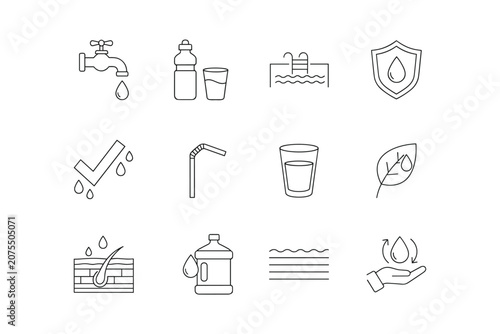 Valokuva Water and hydration icon collection featuring faucet, bottle, glass, pool, dropl