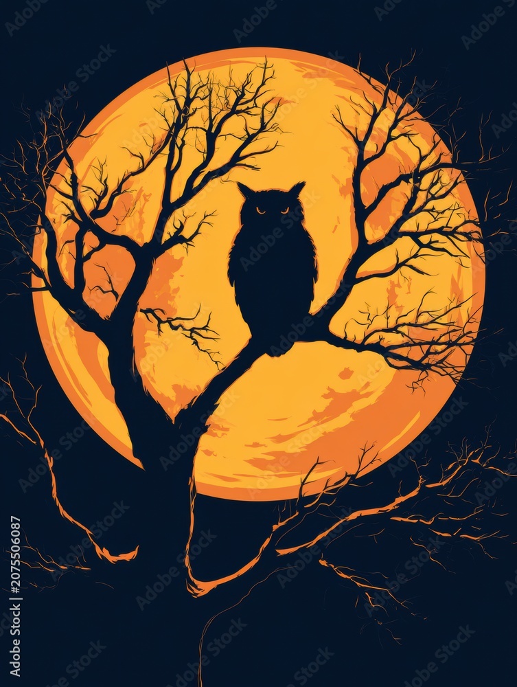 Fototapeta premium A dark night sky features an owl sitting in a tree branch with a large full moon behind it creating a dramatic silhouette.