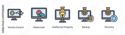 Asset Protection icon set featuring version tracking,asset protection,and recovery solutions for digital resources.