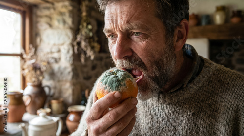 Man attempting to eat moldy orange, showing concepts of hunger, poverty, and desperation in a rustic cottage kitchen