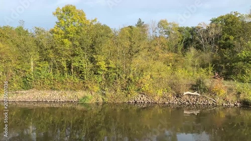 River landscape seen from a boat in autumn, trees reflected in the river, piled stones on the bank, a bench next to the river, yellow-green leaves on the trees, beautiful green reflection