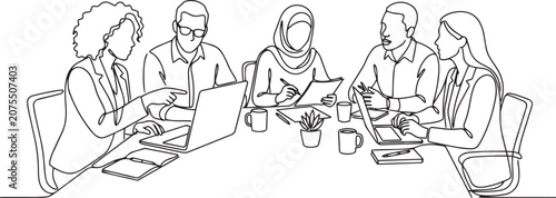 Diverse business team in a meeting, continuous line art