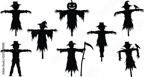 Halloween scarecrows collection silhouettes for spooky decorations and seasonal designs