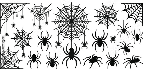 Halloween spider web and spider silhouettes