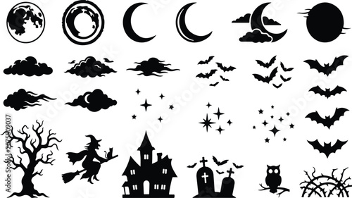 Halloween vector elements collection moons bats witch haunted house and spooky trees