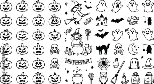 Halloween doodle set jack o' lanterns witches ghosts and spooky elements