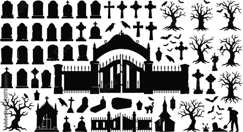 Halloween cemetery silhouette icon set