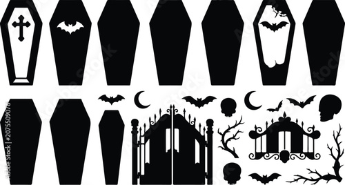 Halloween silhouette collection coffins haunted house bats and cemetery elements