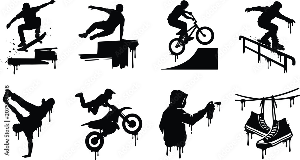 Naklejka premium Urban Extreme Sports Black Silhouette Collection Featuring Skateboarding BMX Motocross Breakdance Graffiti Artist and Street Lifestyle Elements