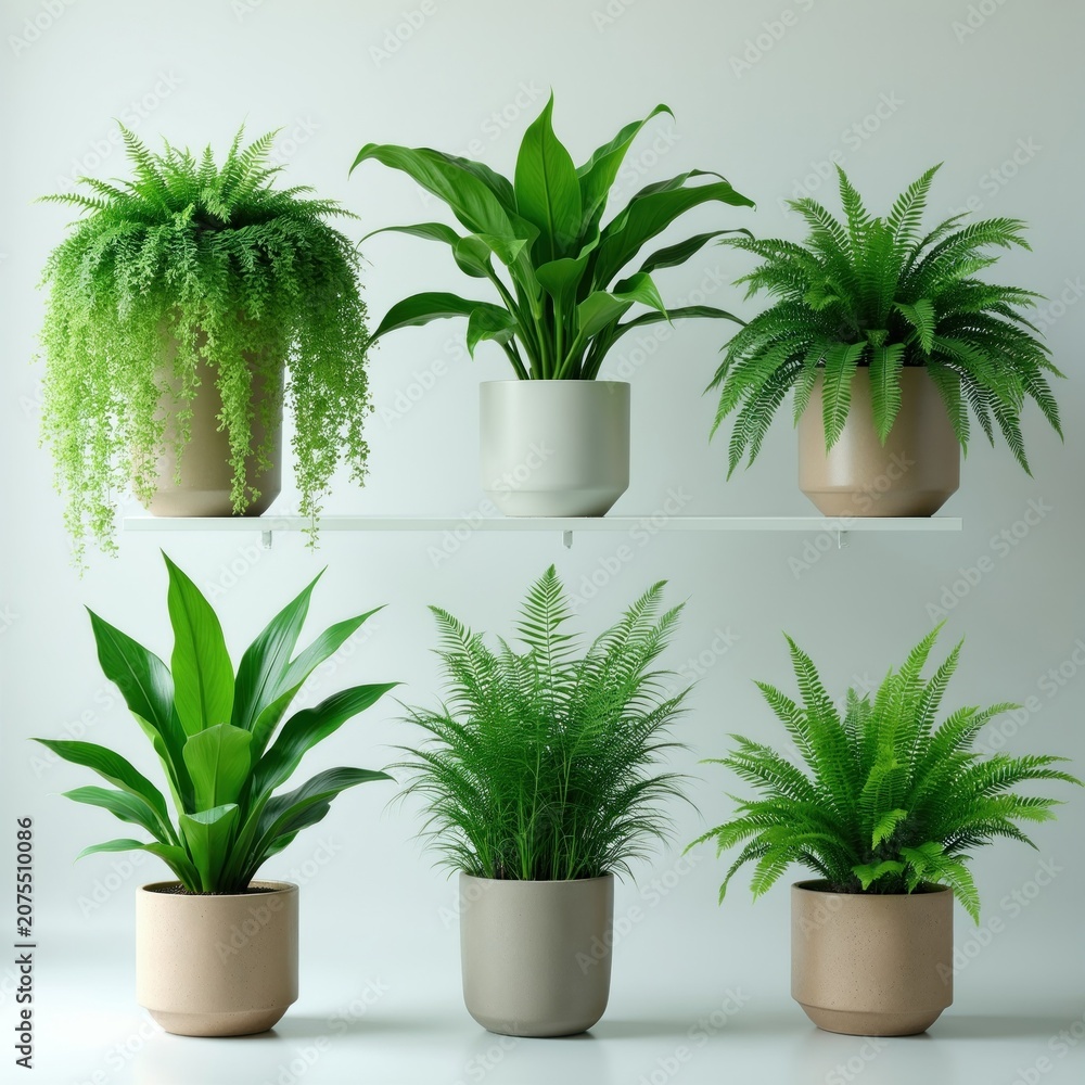Fototapeta premium Group of potted ferns and leafy plants arranged on shelves and surface. Rich green foliage adds natural beauty to home decor. Various green house plants provide fresh indoor air.