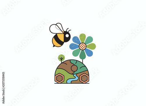 Bee Pollinating Flower on Earth Vector Illustration