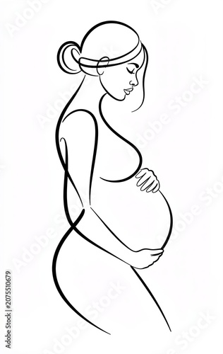 Black line art contour silhouette of a pregnant woman, isolated on a white background with copy space