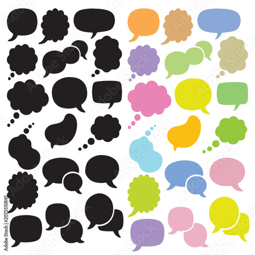 Collection of hand-drawn dialogue balloons and chat icons. Speech bubble silhouettes in various shapes and sizes