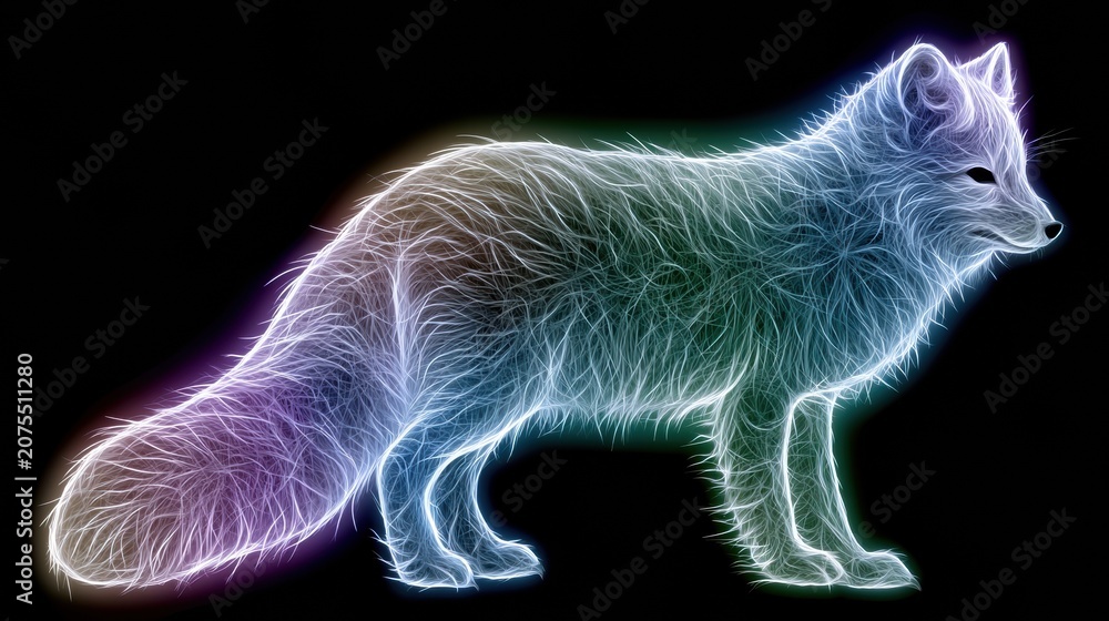 Fototapeta premium An arctic fox in side view with outlines of neon fur strands. It glows with colors against a black background.