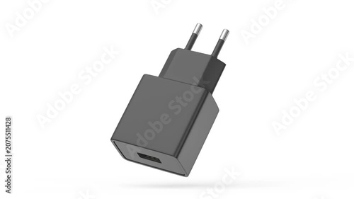 Smartphone, tablet or other electronic device charger with USB port on white background