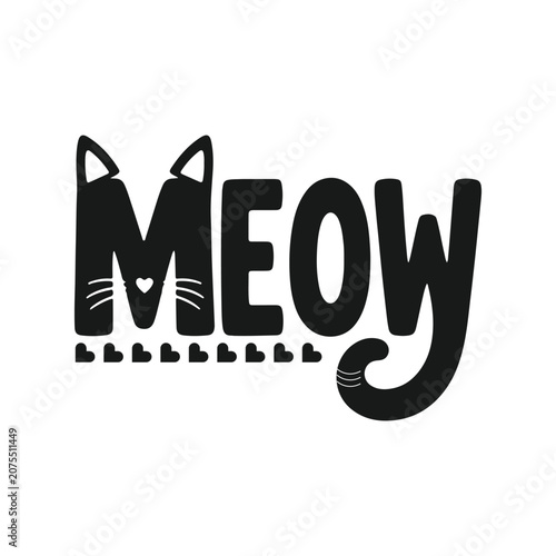 Funny Meow Cat Typography T-Shirt Design – Minimalist Black Cat Face Lettering Graphic