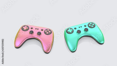 Wireless game controllers with different colors on shiny light grey background
