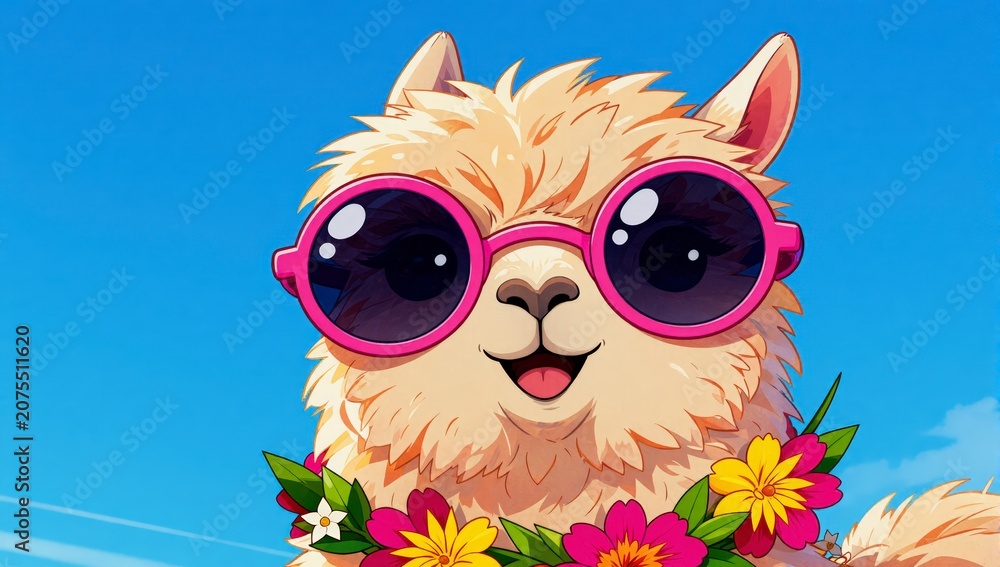 Fototapeta premium Happy Llama Wearing Pink Sunglasses and a Floral Lei in a Bright Sunny Summer Setting