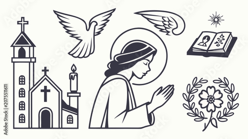Quadro su tela Christian religious icon set featuring praying woman church dove bible and sacre
