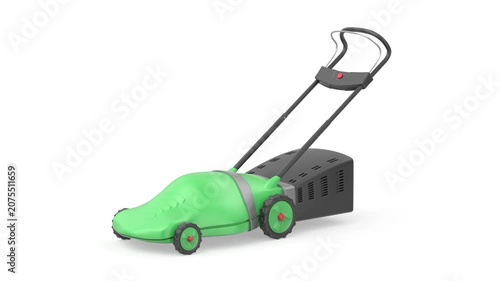 Green electric lawn mower on white background