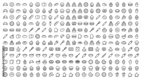 Bakery line art icons set with bread pastry and baking tools vector linear symbols
