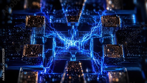 Extreme macro view of superconducting material with bright blue electrical arcs flowing between microscopic structures in a futuristic scientific environment.