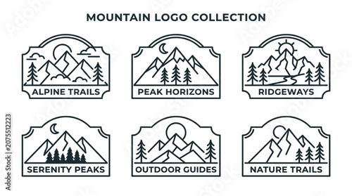  Minimal mountain badge vector set with modern linear nature landscape emblems