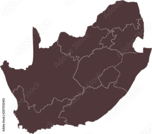 South Africa administrative map with provinces brown vector silhouette