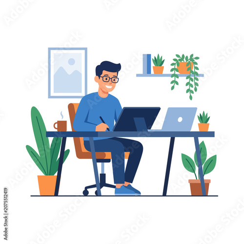 Smiling Designer Working From Home At Desk With Laptop, Drawing Tablet And Indoor Plants
