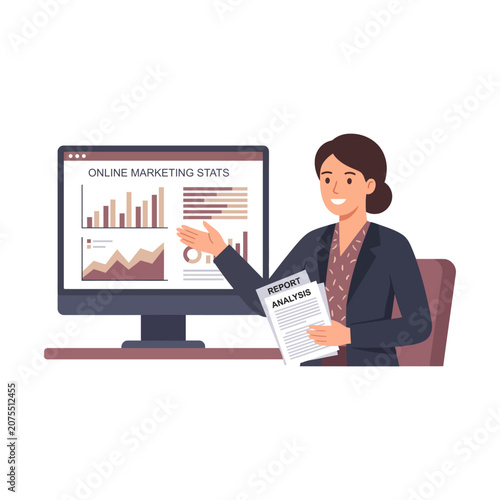 Business Analyst Presenting Financial Report and Charts on Computer Screen in Office Presentation