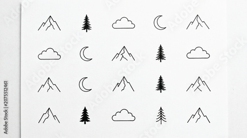 Minimal mountain element vector set with individual pine trees and clouds line art
