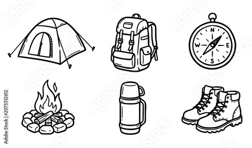 Hand drawn adventure travel icon set with camping tent hiking backpack and compass outline doodles isolated on white