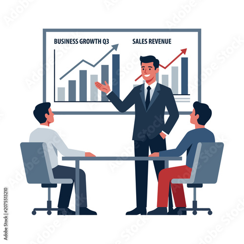 Business Presentation Meeting With Manager Showing Sales Growth Charts to Team Around Table
