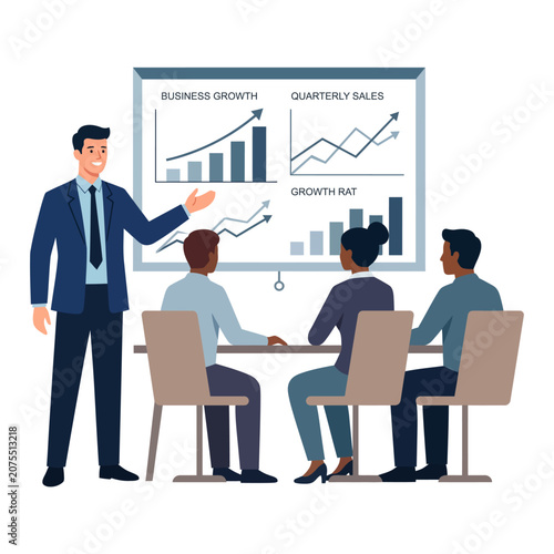 Business Presentation Meeting With Manager Showing Sales Growth Charts to Team Around Table