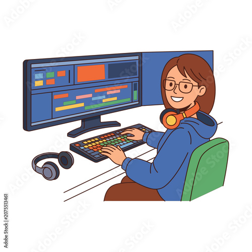 Female Video Editor at Desktop Computer Editing Clips With Headphones in Modern Workspace

