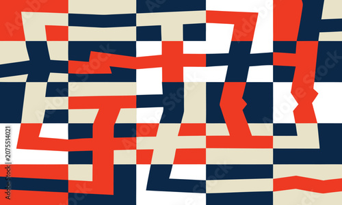 Geometric Pattern Featuring Irregular Tiles in Red, Navy, Cream and White for Modern Abstract Background Design