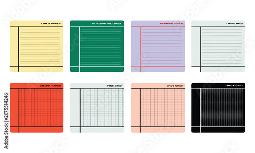 Lined and Graph Paper Collection with Various Styles and Grid Patterns Featuring Horizontal, Narrow, Thin with Fine and Wide
