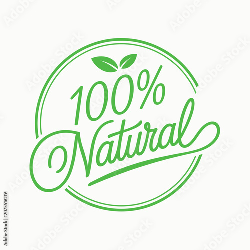 100 percent natural product label stamp badge vector with botanical leaf symbol for sustainable packaging, organic beauty products, healthy food branding, eco certification, and marketing materials