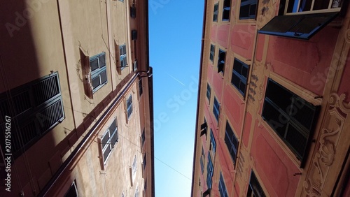 Europe, Italy , Liguria, 06,27,2026   Santa Margherita Ligure close to Portofino is a colorfull sea village tourist attraction destination for summer holidays - typical colorful houses with sky 