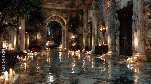 Ancient enchanted marble hallway glowing candlelight luxurious palace fantasy interior Wallpapers