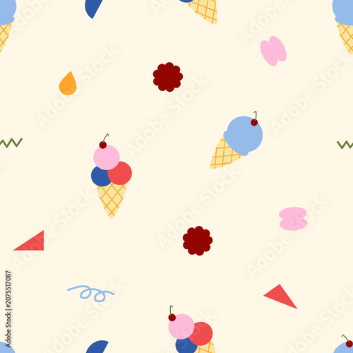 Colorful ice-cream cup vector cartoon pattern in a summer theme. Ice cream in bowl. Doodle sweet dessert vector for wallpaper, textile, background, stationery, wrapping, card, and phone cases.