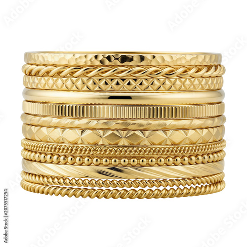 Stack of gold bangles with various textures and patterns