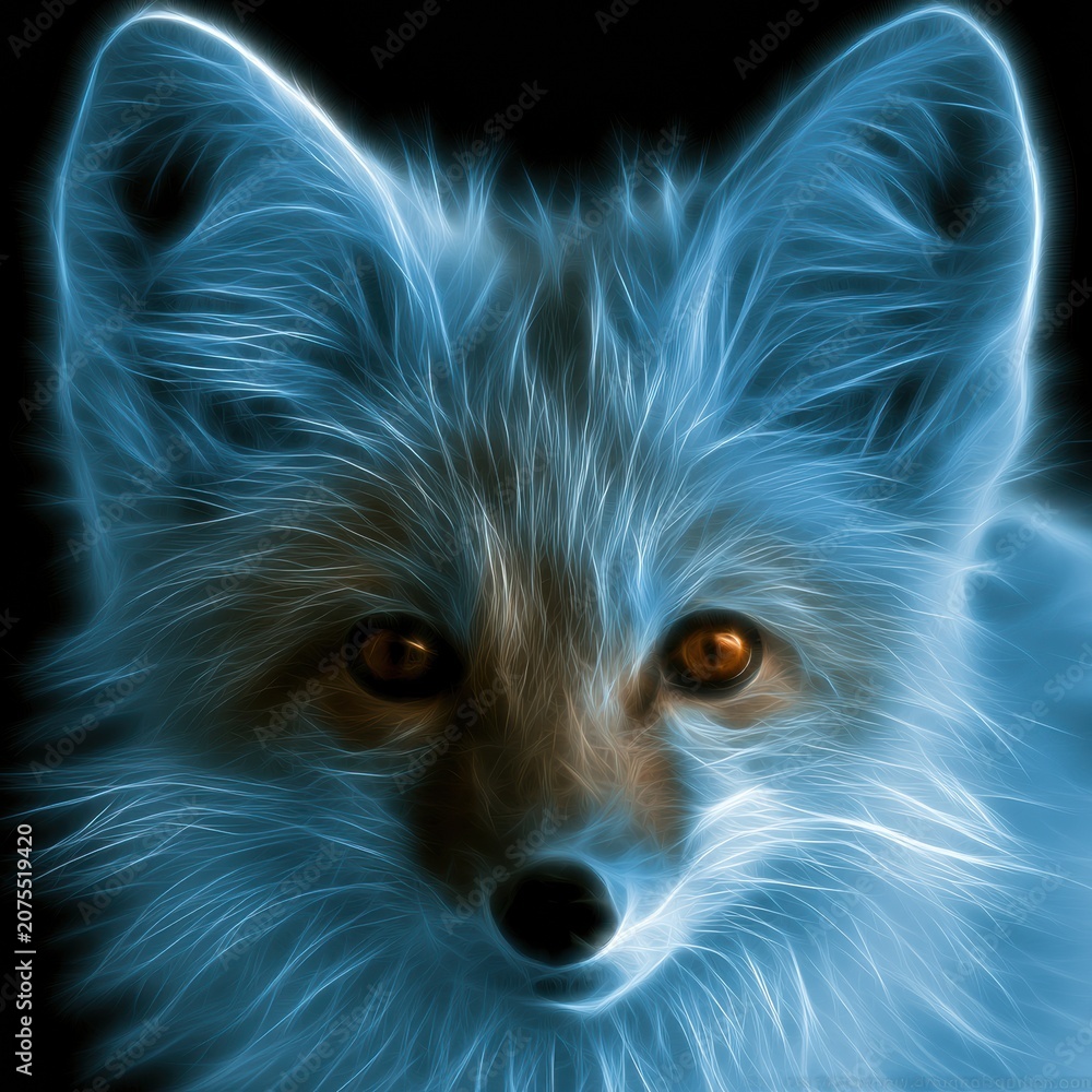 Fototapeta premium Arctic fox face is shown with large fluffy ears and bright eyes in glowing neon colors against a black backdrop.